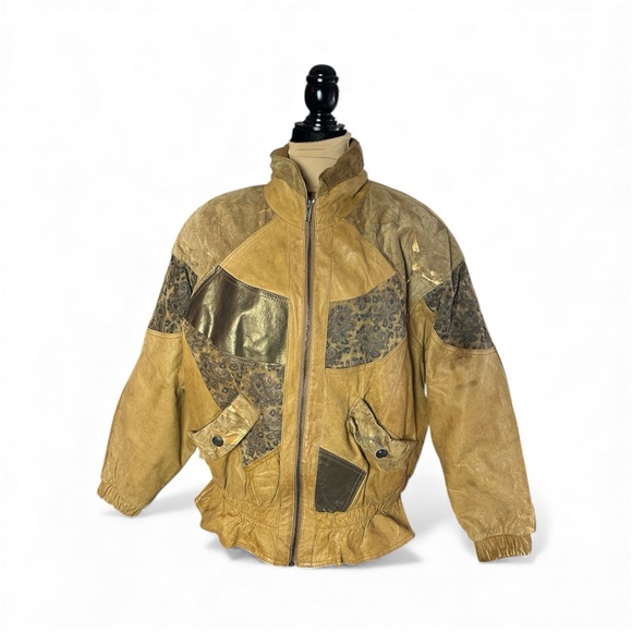John Weitz Jackets & Blazers - Vintage 80’s John Weitz Brown Cooper Gold Black Leather Bomber Jacket Large